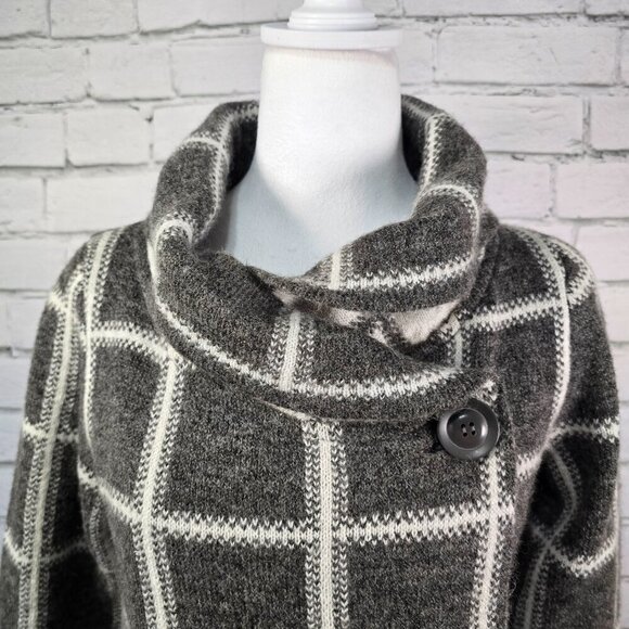 ELLEN TRACY WOMENS GRAY WHITE PLAID COWL NECK ONE BUTTON SWEATER CARDIGAN MED - Picture 6 of 9